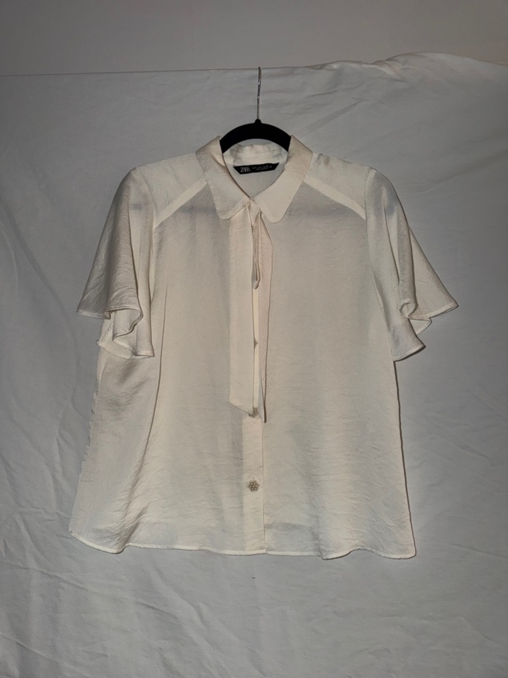 Zara Cream Tie-Neck Flutter Sleeve Blouse